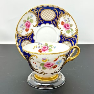 Vintage Shelley 13499/42 Pink Rose Floral Cobalt and Gold Bone China Tea Cup and Saucer England