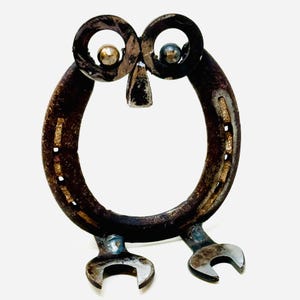Vintage handgefertigte Lucky Metal Hufeisen Eule Skulptur Rustikale Haus & Garten Dekor
