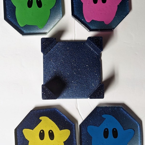 One of a Kind Art Resin Coasters w/ Holder Super Mario Galaxy Lumas