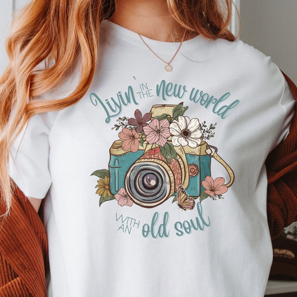 Photography shirt, Old Soul T shirt, Living in a New World tshirt, Country Song tee, Vintage camera photograph, Retro Floral Feminine tshirt