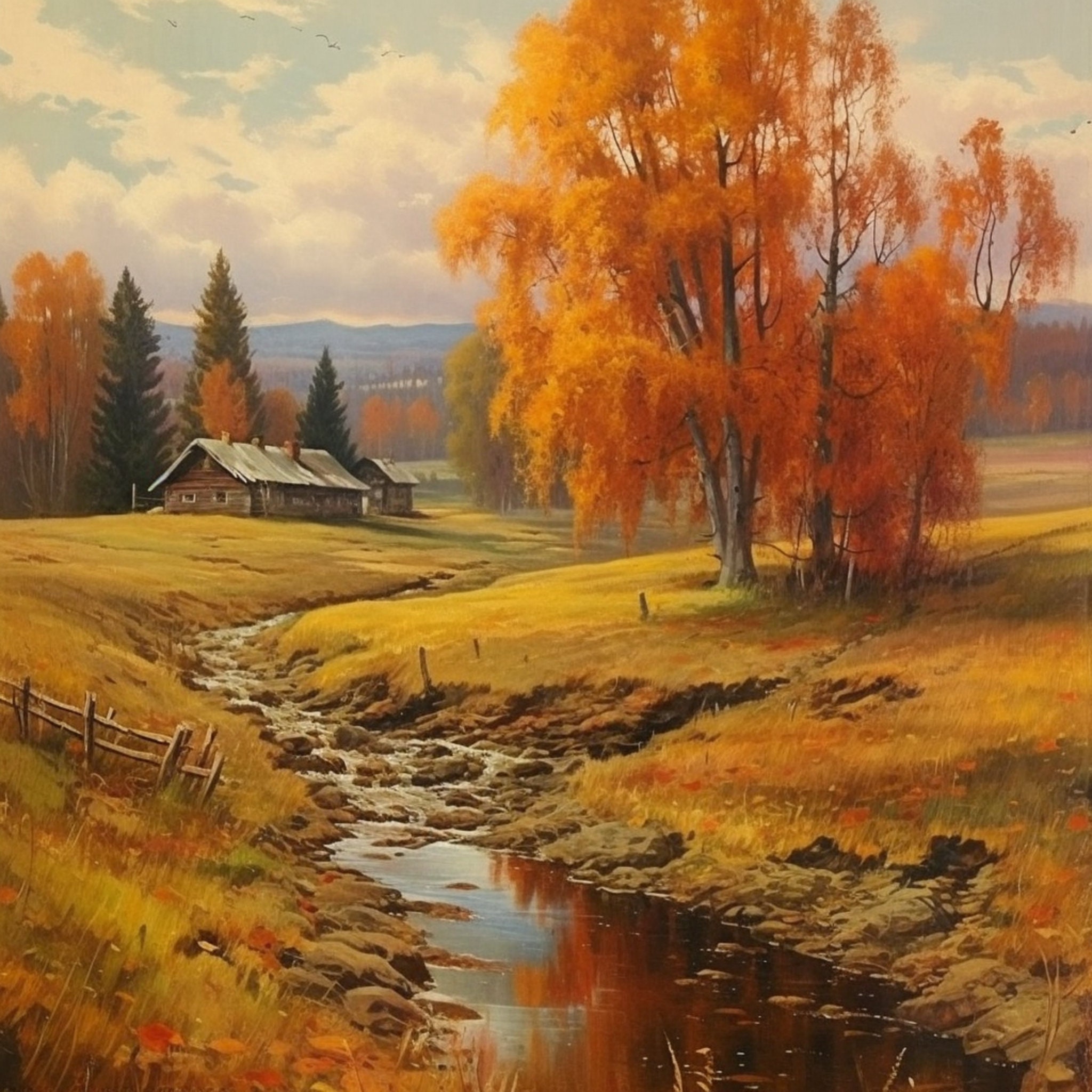 Autumn Landscape Painting Vintage Art Prints Digital Country Horizontal ...