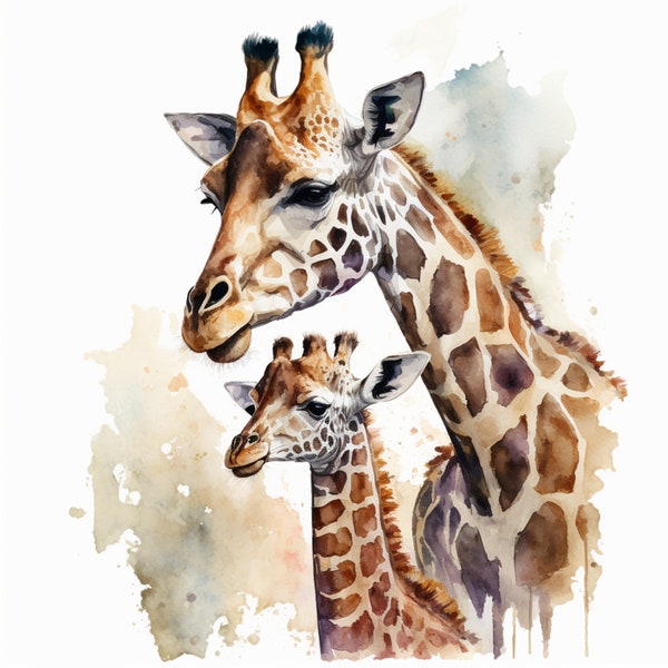 Mom and baby Giraffe Clipart 5 High Quality PNGs Digital Crafting Apparel Watercolor Digital Download Mom and baby Giraffe portrait canvas