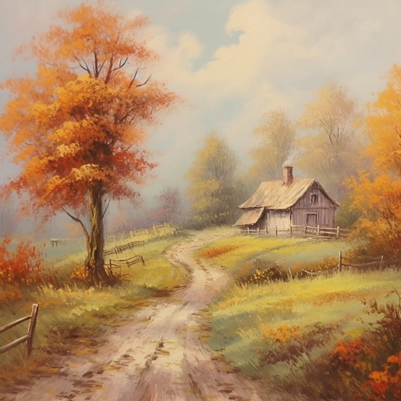 Vintage Painting Autumn Landscape Farmhouse Digital Print Download ...