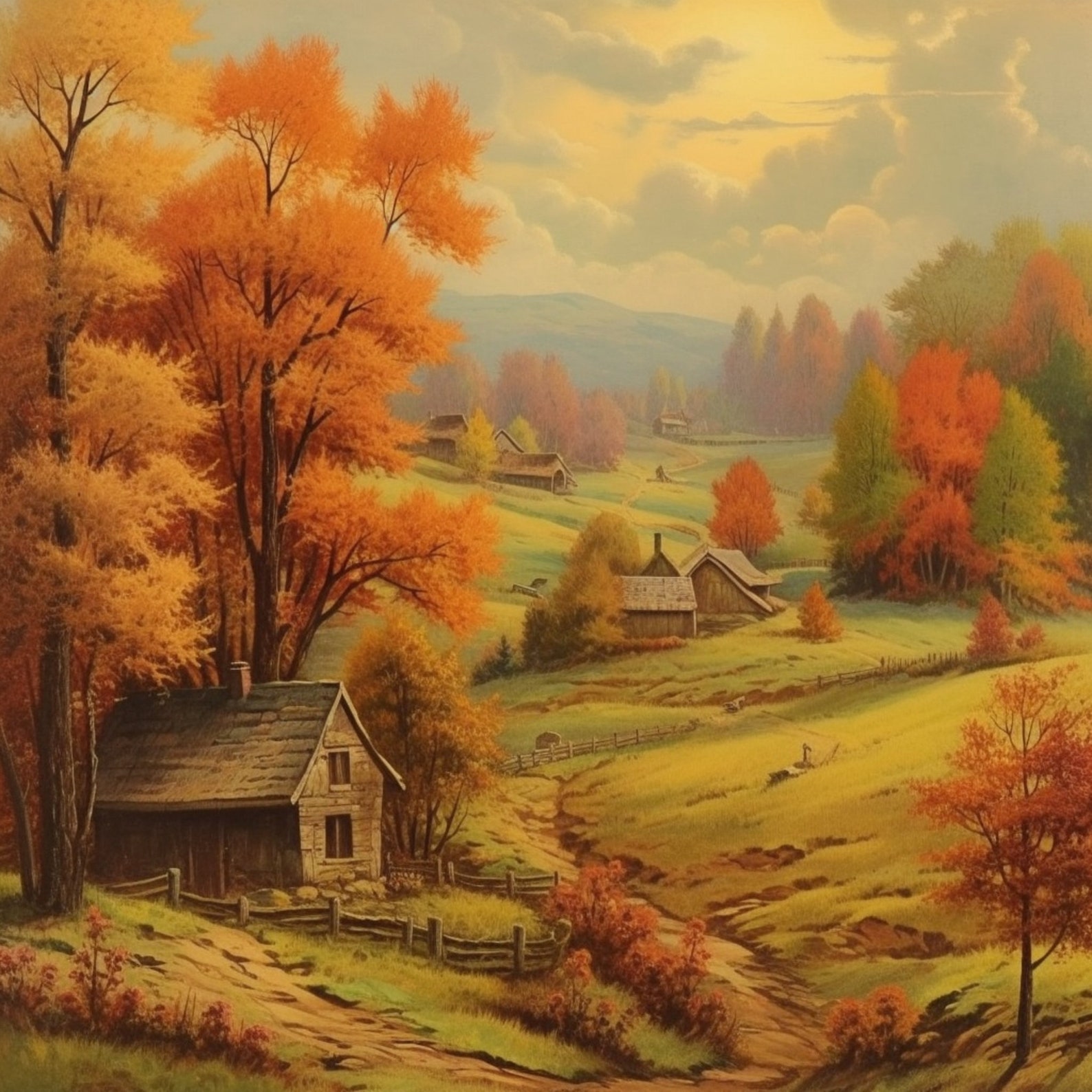 Autumn Landscape Painting Vintage Art Prints Digital Country Horizontal ...