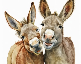Happy Donkeys Clipart Digital Download 5 JPEG&#39;s van hoge kwaliteit Digital Planner Junk Journaling Aquarel Wall Art Commercieel gebruik print canvas