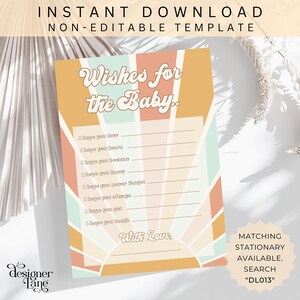 Souhaits pour carte de bébé | Jeux de baby shower imprimables | Prédictions et conseils pour bébé Boho | Jeux de baby shower Sunshine | DL013