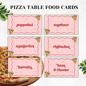 Pizza Party Food Label Template | Pink and Red Retro Groovy Decor | Kids Pizza Name Place Cards | Tent Buffet Cards | Flat & Folded  | DL012