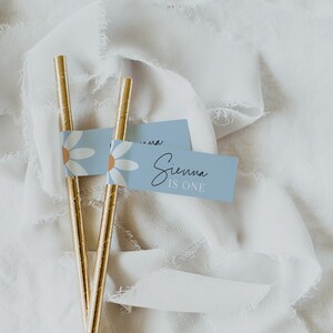 Custom Daisy Straw Flag Template | Girls Blue Floral Birthday Party | Paper Straws Banner |  Boho Theme Décor | Straw Tag Printable | DL003