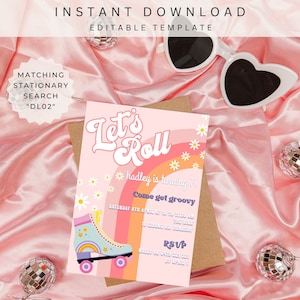 May include: Pink and orange birthday invitation with a rainbow and a roller skate. The text says "Let's Roll" and "hadley is turning 7!"  Come get groovy Saturday 8th April at 10 to 11:00 am The Rink 10 Gidons Rd, Bunbury RSVP Molly on 0413 321 321 by April 1.