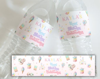 Modèle d’étiquette de bouteille d’eau Candy Land modifiable | Décor d’anniversaire de célébration douce pastel| Téléchargement instantané | Sucettes Cupcake Donuts | DL006