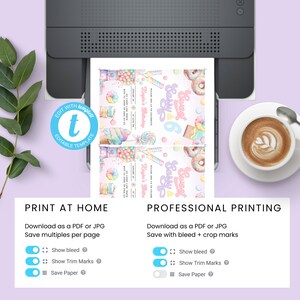 K&ouml;nnte beinhalten: Druckbare Einladung zu einer Geburtstagsfeier mit einem Bonbon-Thema. Die Einladung ist rosa und lila mit einem Aquarell-Design aus S&uuml;&szlig;igkeiten, Donuts und Lutschern. Der Text auf der Einladung lautet "Sassy & Sweet" und "Kayin's 6th Birthday".