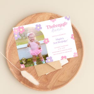 Threenager Dream Birthday Invite With Photo | Cute Girl 3rd Birthday Invitation | Minimal Floral Pastel Daisy Third Birthday | Pink | DL014