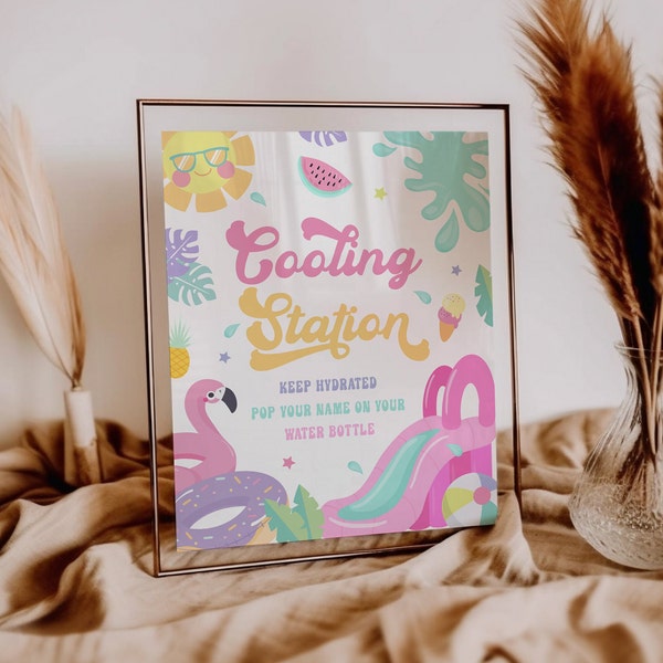 Cooling Station Sign Template | Waterslide Birthday Party Kids | Pastel Tropical Water Bottle Table | Hydration Station | Pool Party | DL008