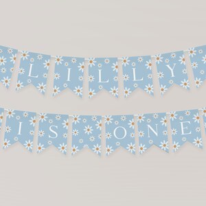 Daisy eerste verjaardag afdrukbare Bunting I Daisy verjaardag thema decor I blauwe Boho Daisy verjaardag banner ik Onederful aangepaste banner I DL003