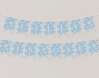 May include: A blue and white banner with white daisies and the text "Lilly is one" in white letters.
