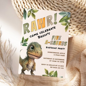 May include: A light pink dinosaur birthday party invitation featuring a cartoon dinosaur illustration. The invitation reads "RAWR! Come Celebrate Brody's Five A-saurus Birthday Party". The invitation also includes the date, time, location, and RSVP information.
