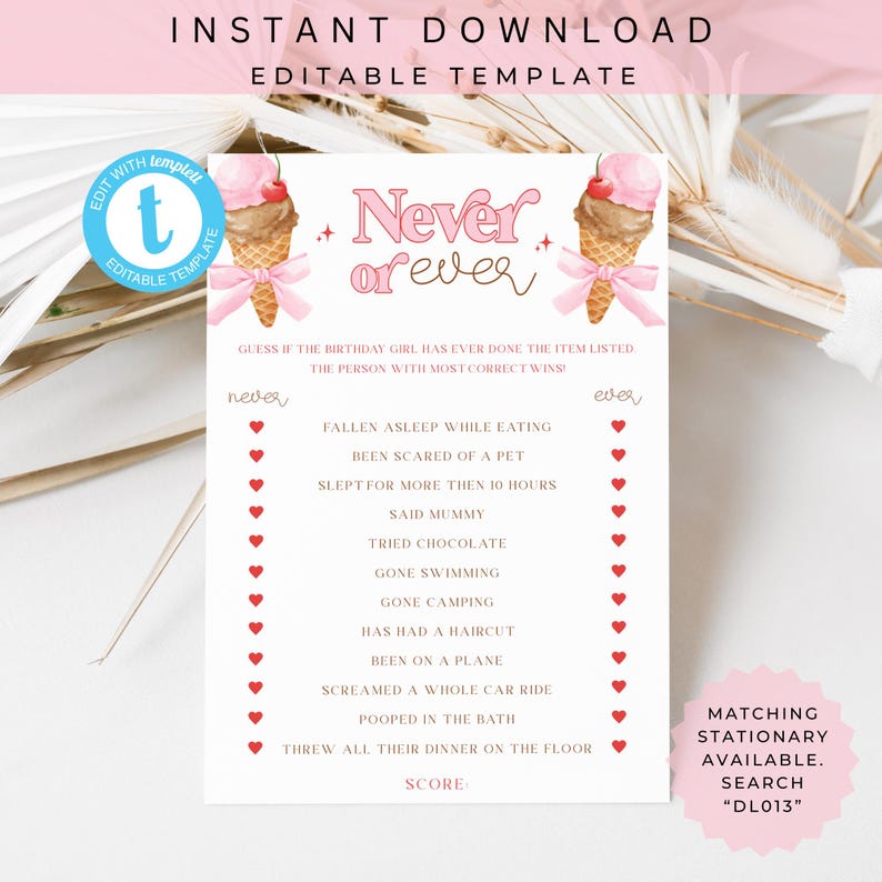 Ice Cream Ever or Never Game Card Girls Printable 1st Birthday Party