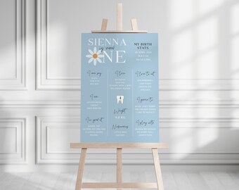 May include: A blue and white printable chart for a one-year-old's birthday. The chart lists the child's name, Sienna, and includes details about her first year, such as her weight, favorite foods, and activities. The chart features a cute daisy illustration.