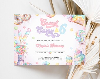 Girl 6th Birthday Invitation | Printable Sweet Sassy and Six Birthday Invite | Pastel Cotton Candy Donut Ice Cream Cupcake Sprinkle | DL006
