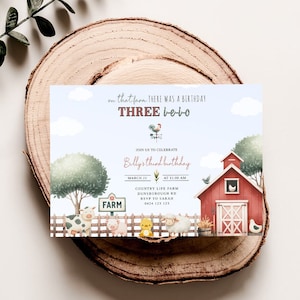 Editable Boys 3rd Birthday Farm Invitation | Three I-E-I-O | Farmer Birthday Invite | Oink Cluck Baa Moo | Petting Zoo Theme | DL011
