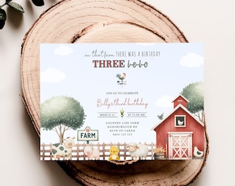 Editable Boys 3rd Birthday Farm Invitation | Three I-E-I-O | Farmer Birthday Invite | Oink Cluck Baa Moo | Petting Zoo Theme | DL011