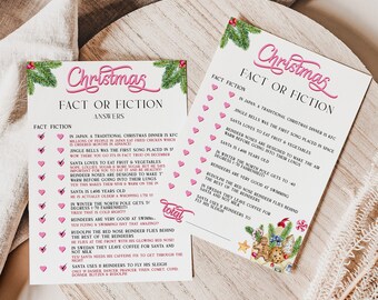 May include: Two Christmas-themed Fact or Fiction game cards. The cards feature a pink and green color scheme with festive illustrations. The text on the cards includes Christmas trivia questions and answers.