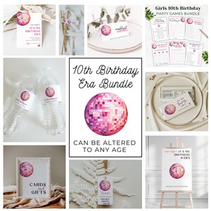 May include: A digital printable party bundle for a 10th birthday. The theme is a disco ball with pink and purple colors. The bundle includes a variety of items such as invitations, thank you tags, water bottle labels, and party games. The text "10th Birthday Era Bundle" is displayed in the center of the image.
