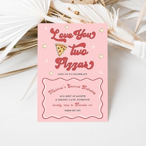 2e verjaardagsuitnodiging pizza voor meisjes | Valentijn pizzaparty | Love you Two Pizzas-uitnodiging | Golvende rand | Vintage rood en roze | Retro | DL012