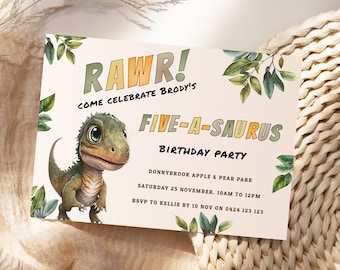 5th Birthday Dinosaur Invitation | Digital Download | Boy Trex Fifth Birthday Invite | Green Jungle Party Decoration | Five A Saurus | DL004