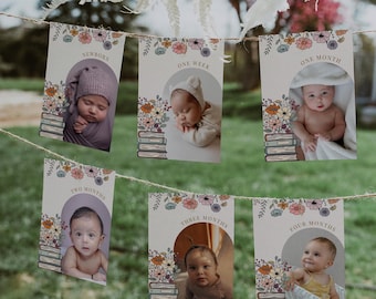 First Chapter Banner | Boho Monthly Photo Bunting | Personalized Storybook Birthday Decorations | Floral Book Theme Party Supplies | DL016