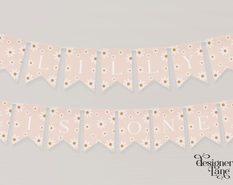 May include: A pink and white daisy patterned banner with the text "Lilly is one".