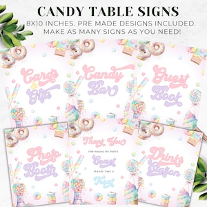 Modello di cartello personalizzato Sweet Candy Land / Coriandoli arcobaleno pastello completamente modificabili / Decorazione per feste con cartello per tabella di qualsiasi età / Download digitale / DL006