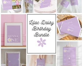 Lilac Daisy Themed Birthday Package | Onderful Daisy Birthday Bundle | Boho Invitation Template Bundle | Printable Instant Download | DL003