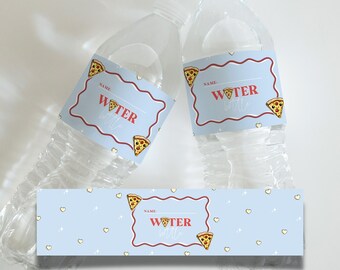 May include: Three blue and white water bottle labels with a pizza graphic and the text "Water Bottle" in red. The labels have a white heart pattern and a red border.