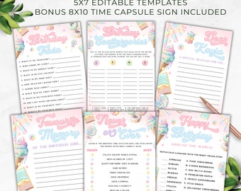 Op de afbeelding: Een set printbare partygames met een snoeplandthema. De spellen omvatten "Birthday Trivia", "Birthday Scattergories", "Never or Ever", "Favourite Memory of the Birthday Girl", "Dear Kayla" en "Happy Birthday Around the World".