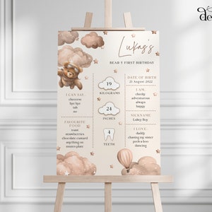 Teddy Bear Birthday Milestone Sign | Boho Brown Bear Stats Board | Boy Milestone Board | Teddy Bear Picnic | Boy First Birthday Sign | DL001