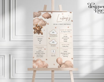 Teddy Bear Birthday Milestone Sign | Boho Brown Bear Stats Board | Boy Milestone Board | Teddy Bear Picnic | Boy First Birthday Sign | DL001