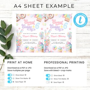 K&ouml;nnte beinhalten: Eine rosa und blaue druckbare Einladung zu einer 6. Geburtstagsfeier mit dem Thema "Sweet Sassy & 6". Die Einladung zeigt eine Aquarell-Illustration von S&uuml;&szlig;igkeiten, Donuts und Eis. Der Text auf der Einladung lautet "Sweet Sassy & 6" und enth&auml;lt den Namen des Geburtstagskindes, Datum, Uhrzeit und RSVP-Informationen.