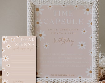 Daisy Birthday Party Time Capsule Sign Template | Special Message Card | Pink Groovy Décor | Floral 1st Birthday Party Décor Girl | DL003