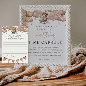 Teddy Bear Time Capsule Zeichen Vorlage | 1st Birthday Special Message Karte | Druckbare bearbeitbare Zeitkapsel | Junge Erster Geburtstag | DL001