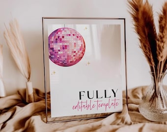 Disco Ball Custom Sign Template | Pink Glitter Table Sign | Birthday Era Party Sign Printable | 8x10 | Fully Editable | Retro Glam | TR06