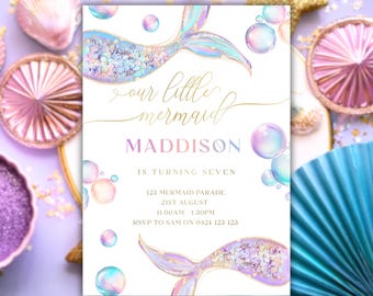Invitación de sirena para séptimo cumpleaños / Invitación editable bajo el mar / Tarjeta imprimible con purpurina para fiesta de niñas / Morado pastel y dorado / DL015