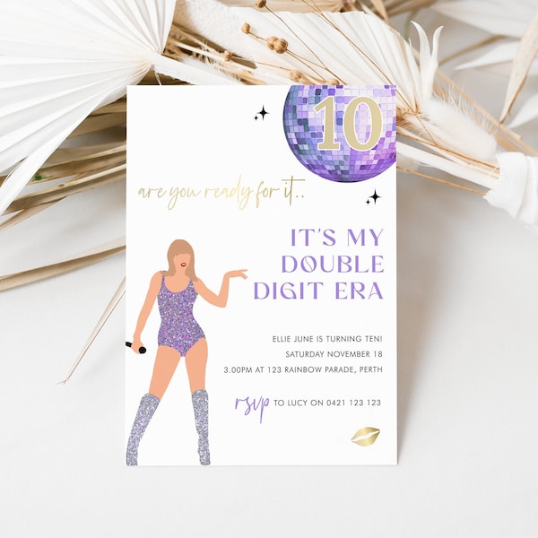 In My 10th Birthday Era Party Invitation Template | Double Digits | Editable Taylor Purple Glitter Disco | Taylor Music Tour Invite | DL010