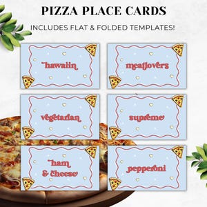 Pizza Party Food Label Template | Blue Themed Food Buffet Tent Card | Retro Groovy Décor | Kids Pizza Name Place Card | Flat & Folded |DL012