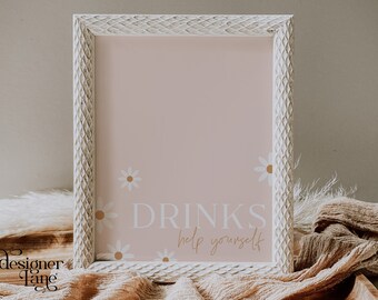May include: White framed sign with a pink background and white daisies. The sign says "DRINKS help yourself".
