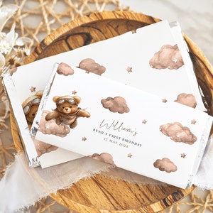 Teddy Bear Candy Bar Wrapper | Editable Boy Beary First Birthday Party Favour | Beige Chocolate Bar Template | Aldi Hershey Label | DL001