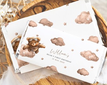 Teddy Bear Candy Bar Wrapper | Editable Boy Beary First Birthday Party Favour | Beige Chocolate Bar Template | Aldi Hershey Label | DL001