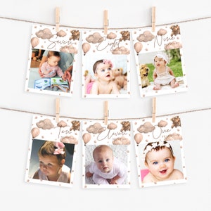 Teddy Bear Monthly Photo Banner Template I Beary First Birthday Theme Décor I One Year Photo Cards I Beige Custom Birthday Banner  I DL001