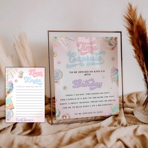 Zoete One Time Capsule teken briefsjabloon | Speciaal berichtkaartje | Meisjes Pastel Candy 1e verjaardagsfeestje | Donut-ijs snoep | DL006
