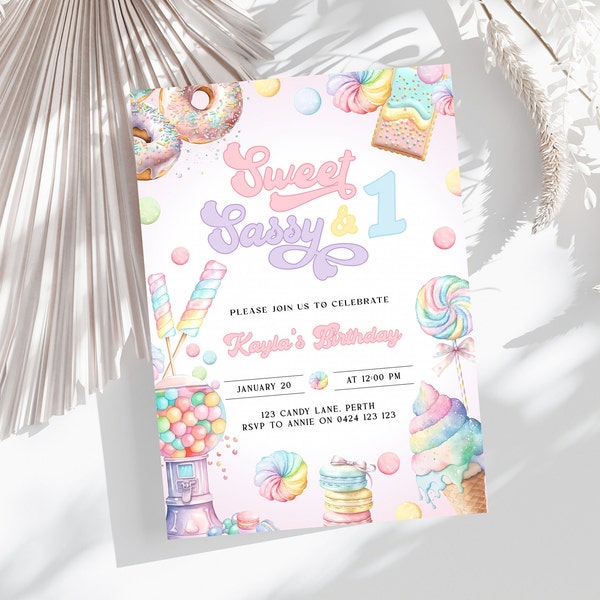 Sweet Sassy And One First Birthday Invitation | Girls Pastel 1st Birthday | Candy Land Theme | Donuts Ice Cream Lollies Bubblegum | DL006